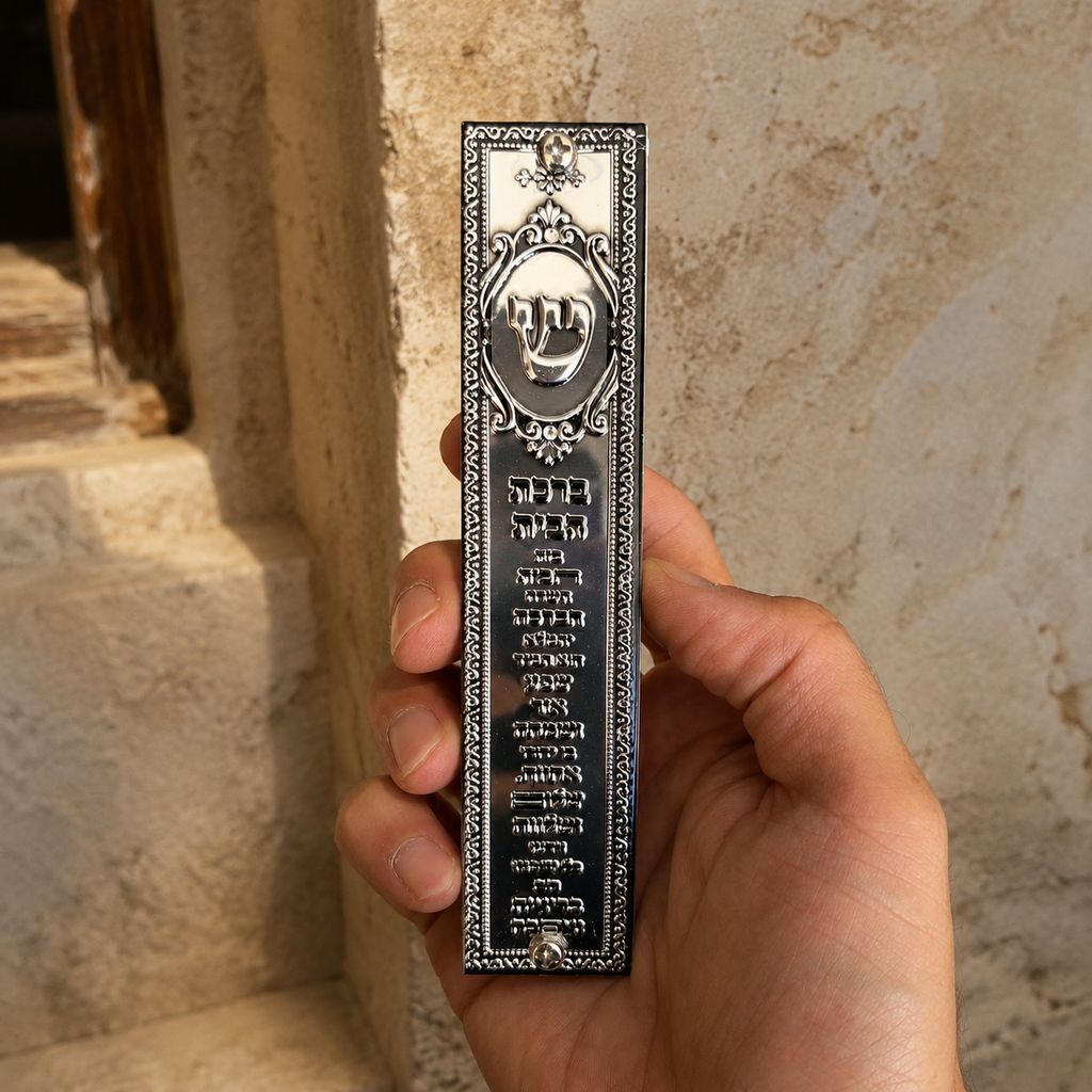 Silver Birkat HaBayit Mezuzah Case – 12 cm