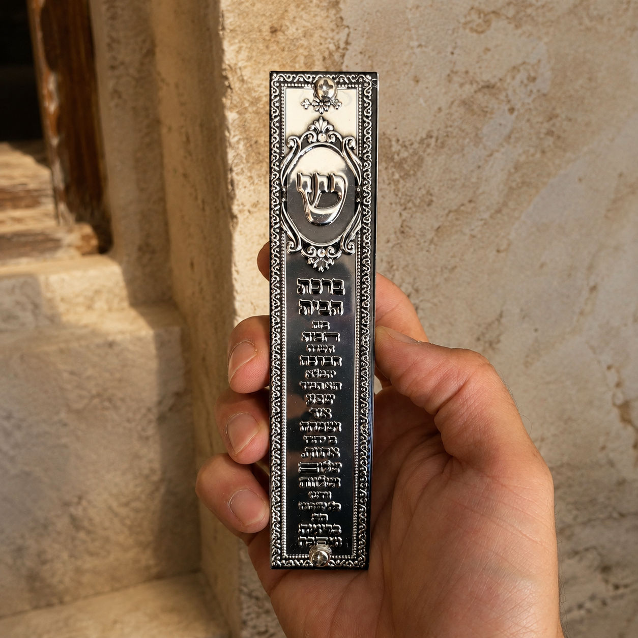 Silver Birkat HaBayit Mezuzah Case – 12 cm