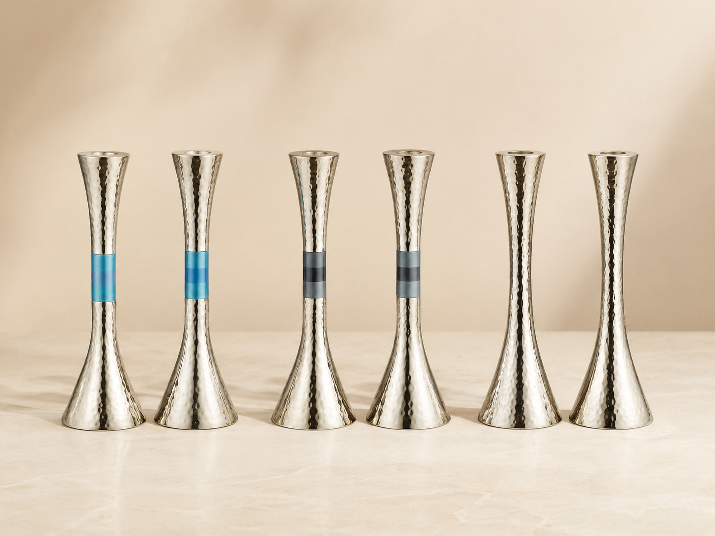 Hammered Silver Shabbat Candlesticks with Gray Accent – 9" Set