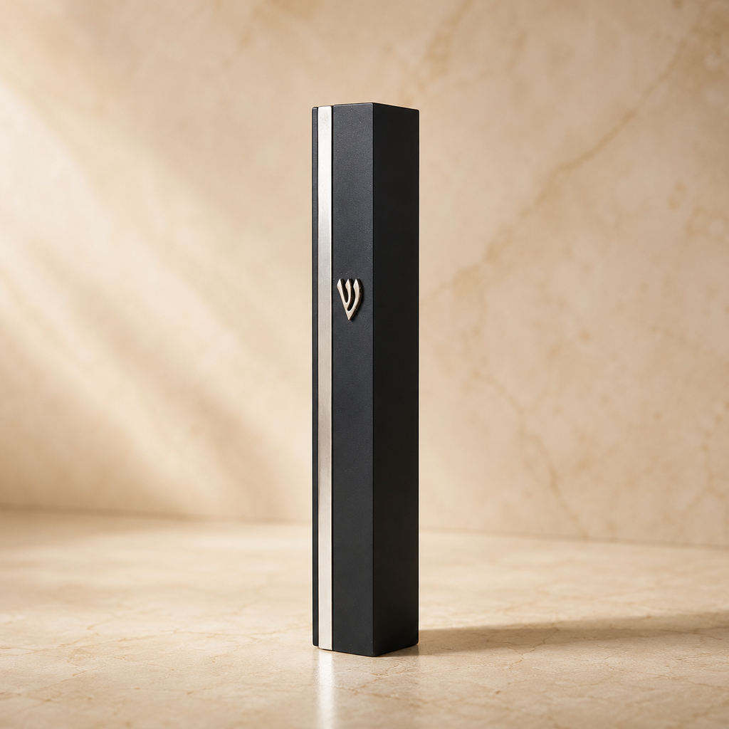 Modern Black Mezuzah Case with Silver Accent & Shin Emblem