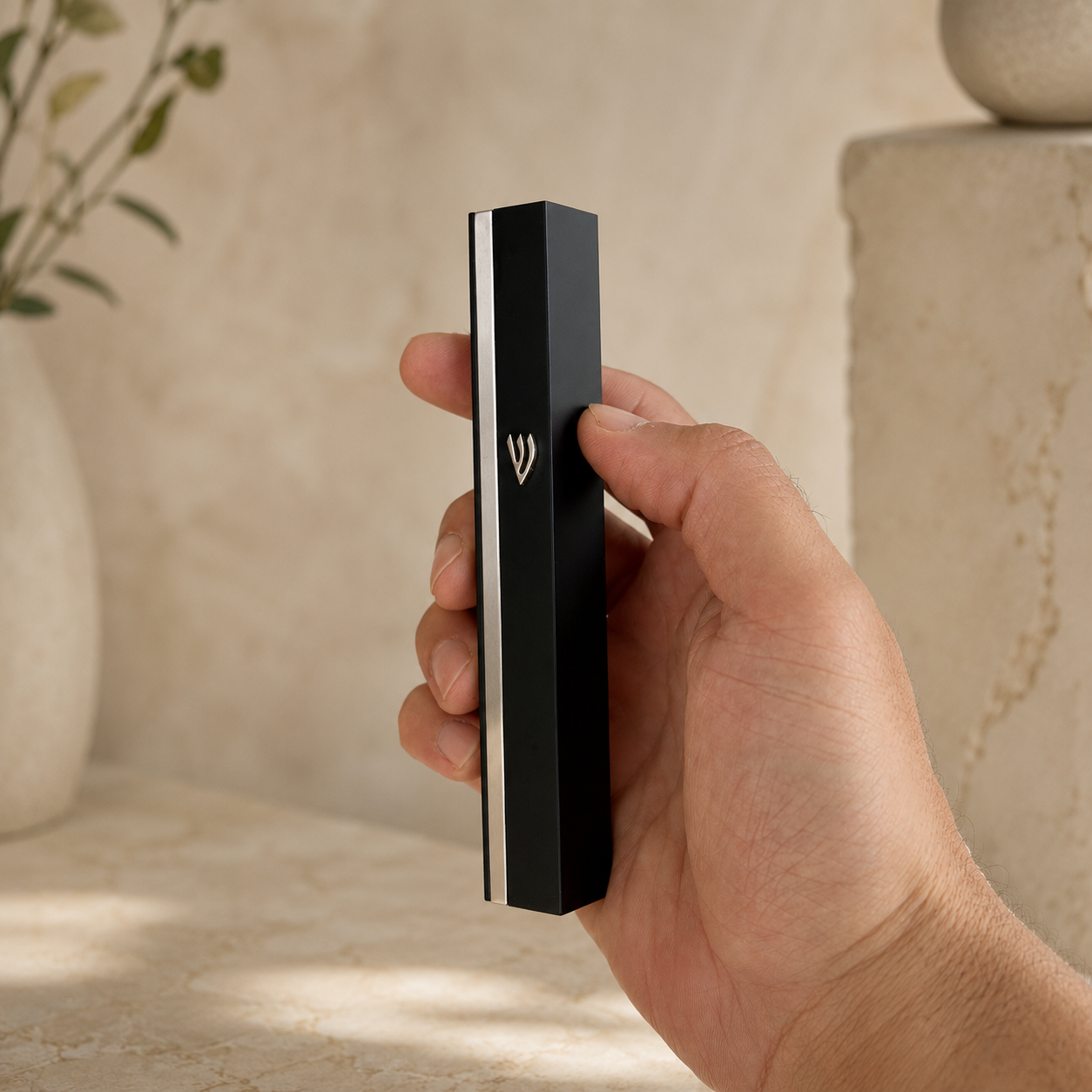 Modern Black Mezuzah Case with Silver Accent & Shin Emblem