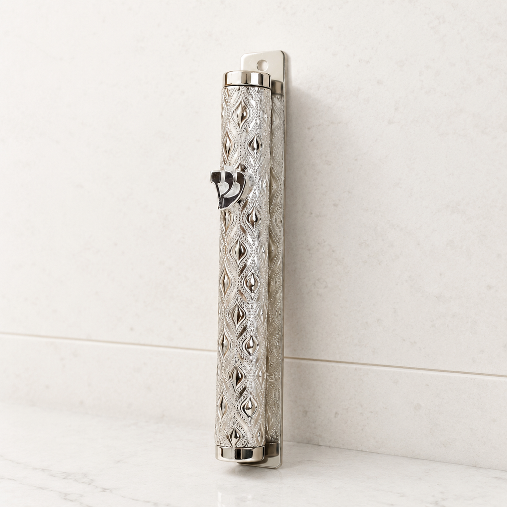 Ornate Silver Mezuzah Case with Shin Emblem