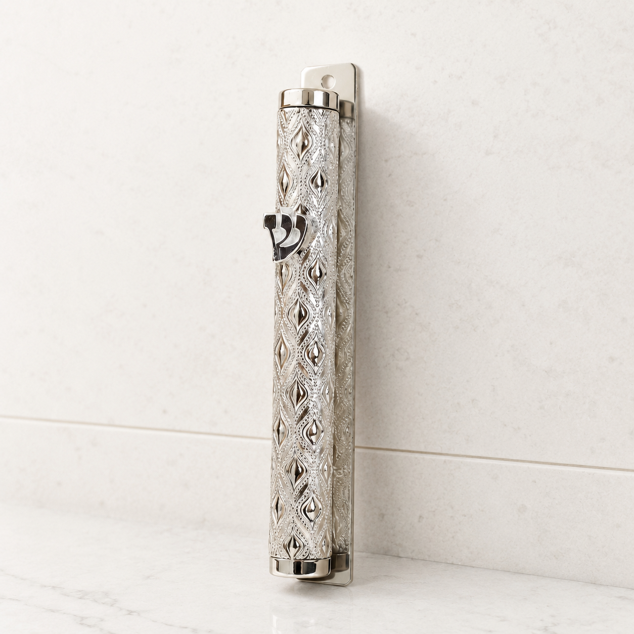 Ornate Silver Mezuzah Case with Shin Emblem