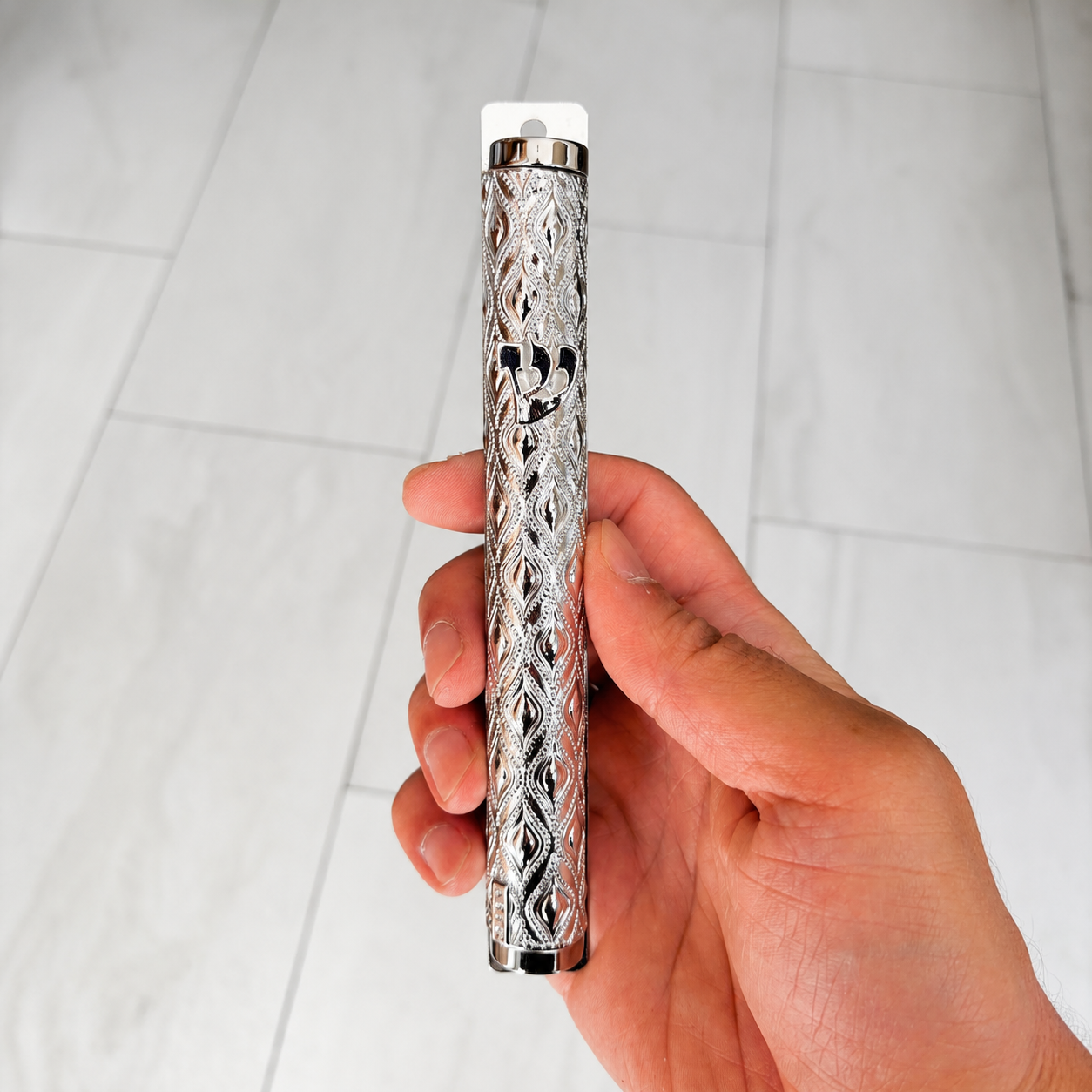 Ornate Silver Mezuzah Case with Shin Emblem