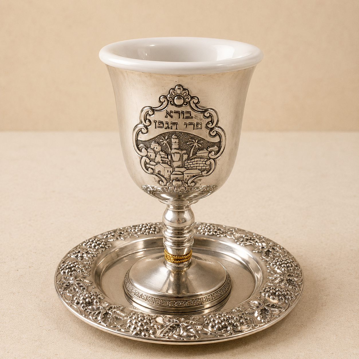 Silver Kiddush Cup with Matching Saucer – Borei Pri HaGefen