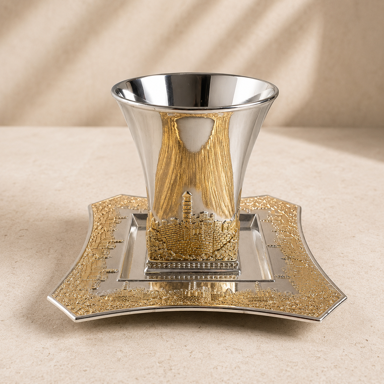 Silver Kiddush Cup & Matching Saucer Set – Elegant Shabbat & Holiday Wine Cup