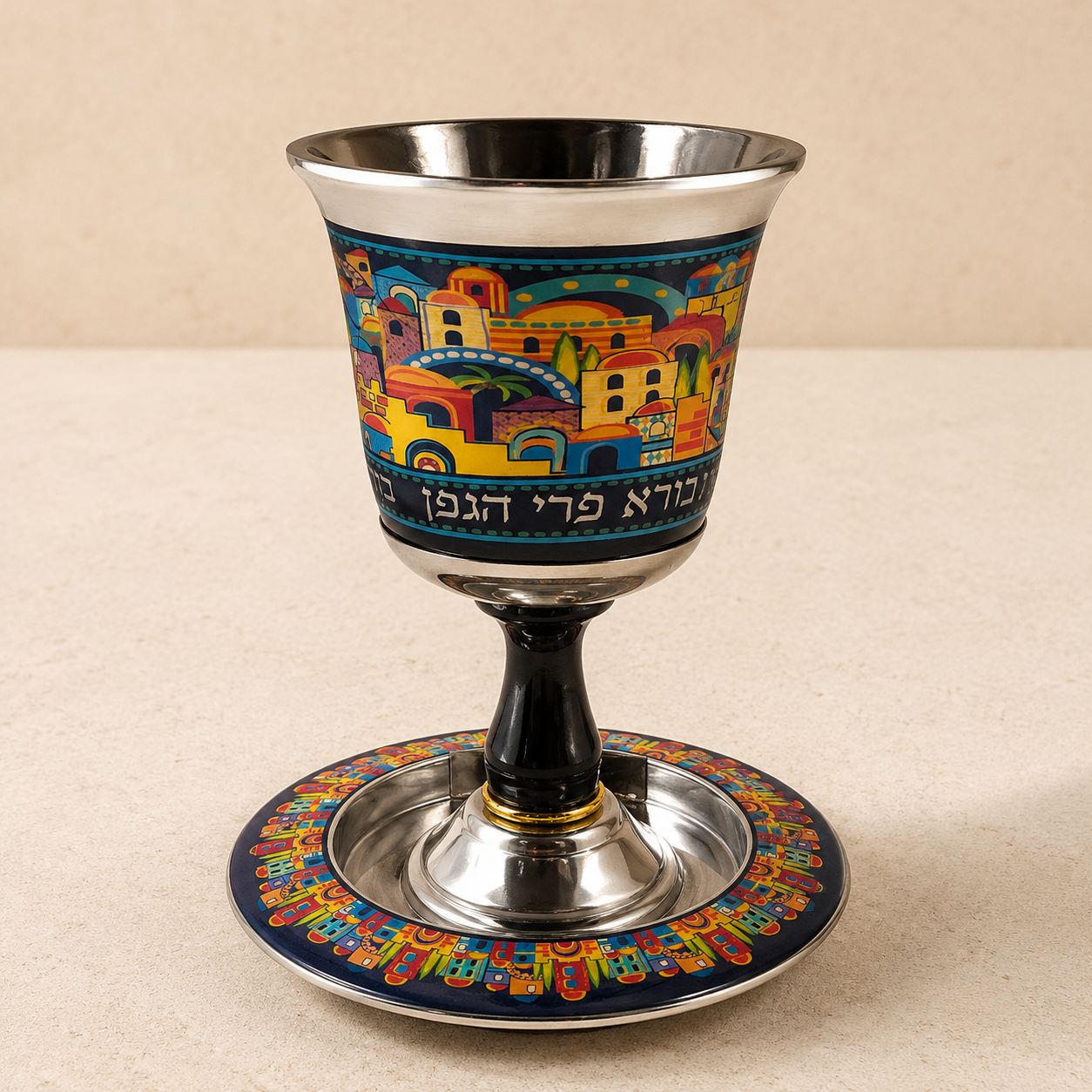 Silver & Pearl Kiddush Cup with Matching Saucer – Shabbat Wine Cup