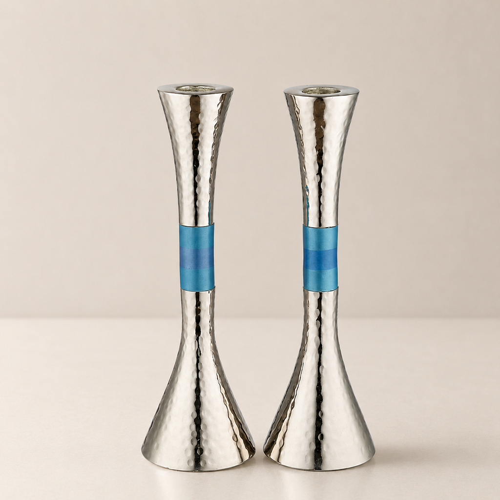 Hammered Silver Shabbat Candlesticks with Gray Accent – 9" Set