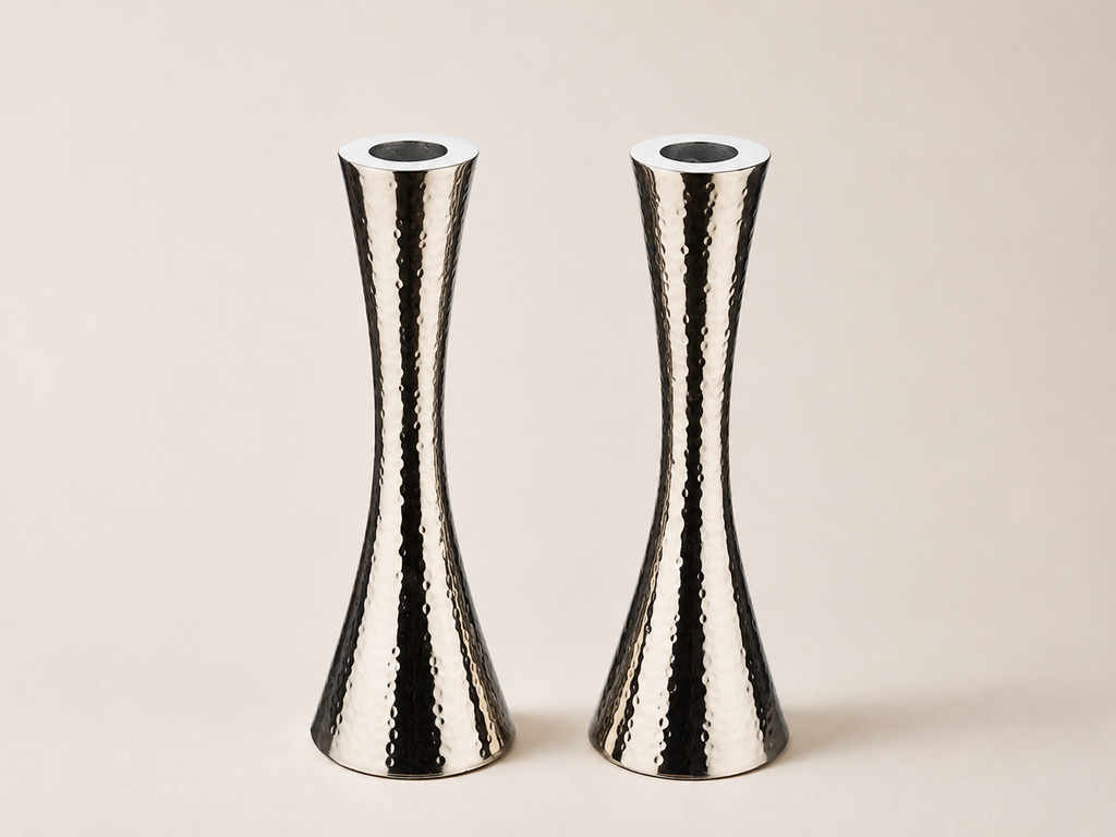 Hammered Silver Shabbat Candlesticks with Gray Accent – 9" Set