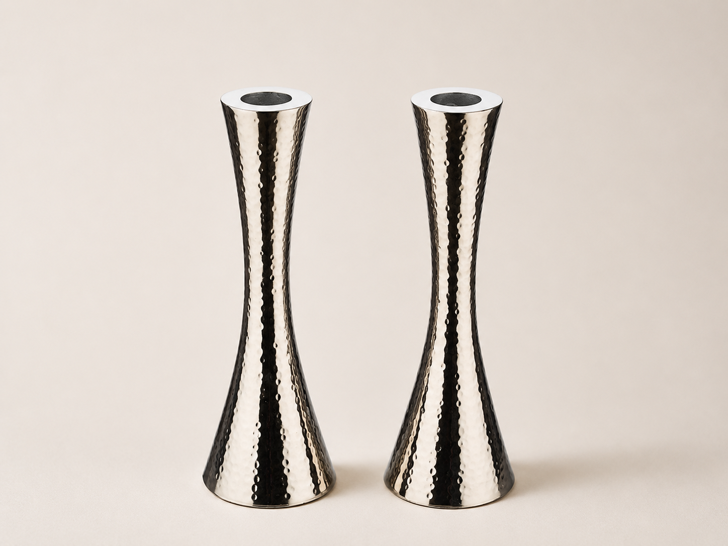 Hammered Silver Shabbat Candlesticks with Gray Accent – 9" Set