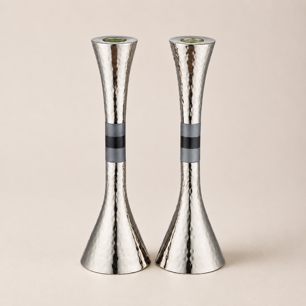 Hammered Silver Shabbat Candlesticks with Gray Accent – 9" Set