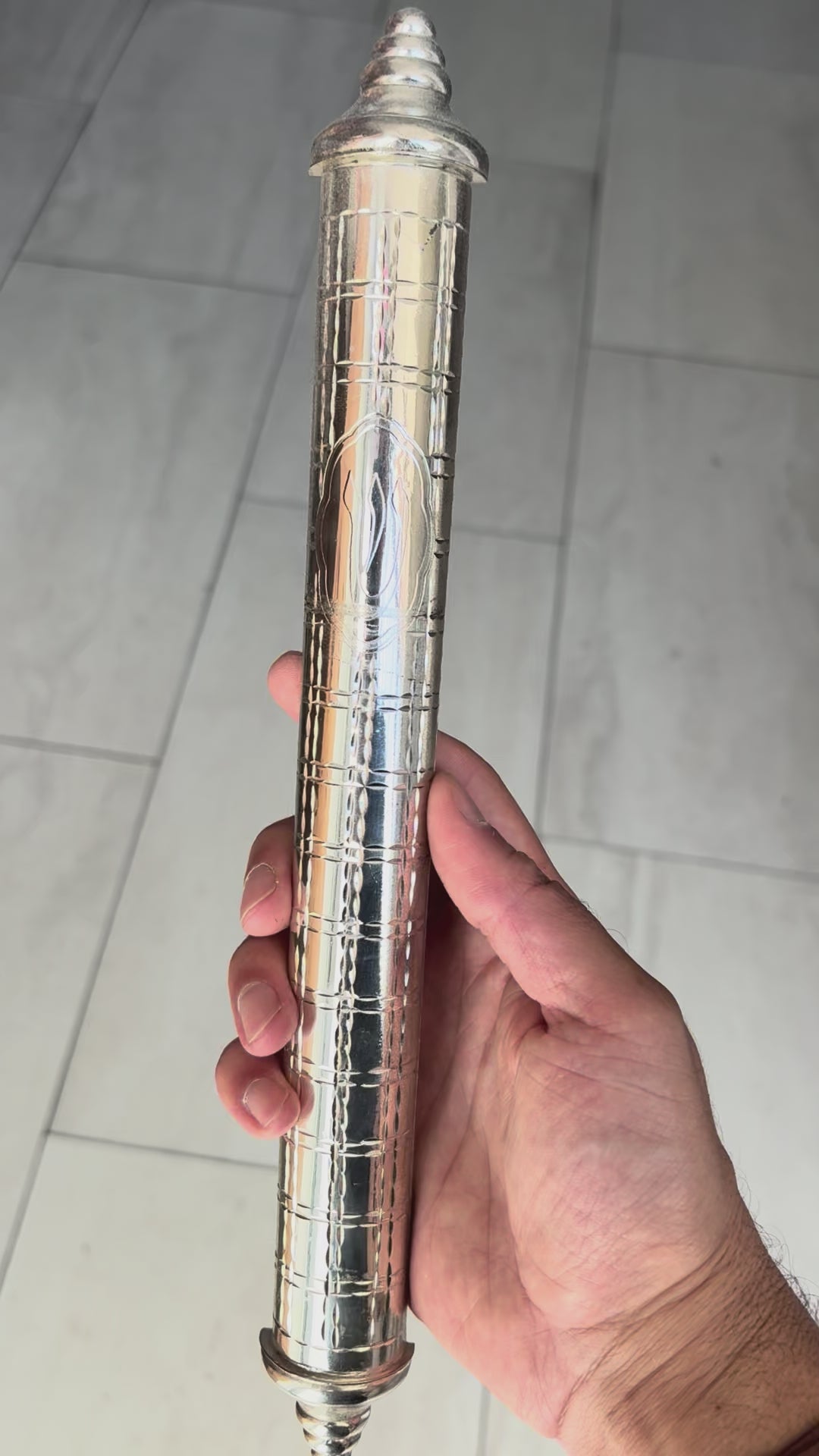 Large Silver Mezuzah Case with Decorative Shin Design