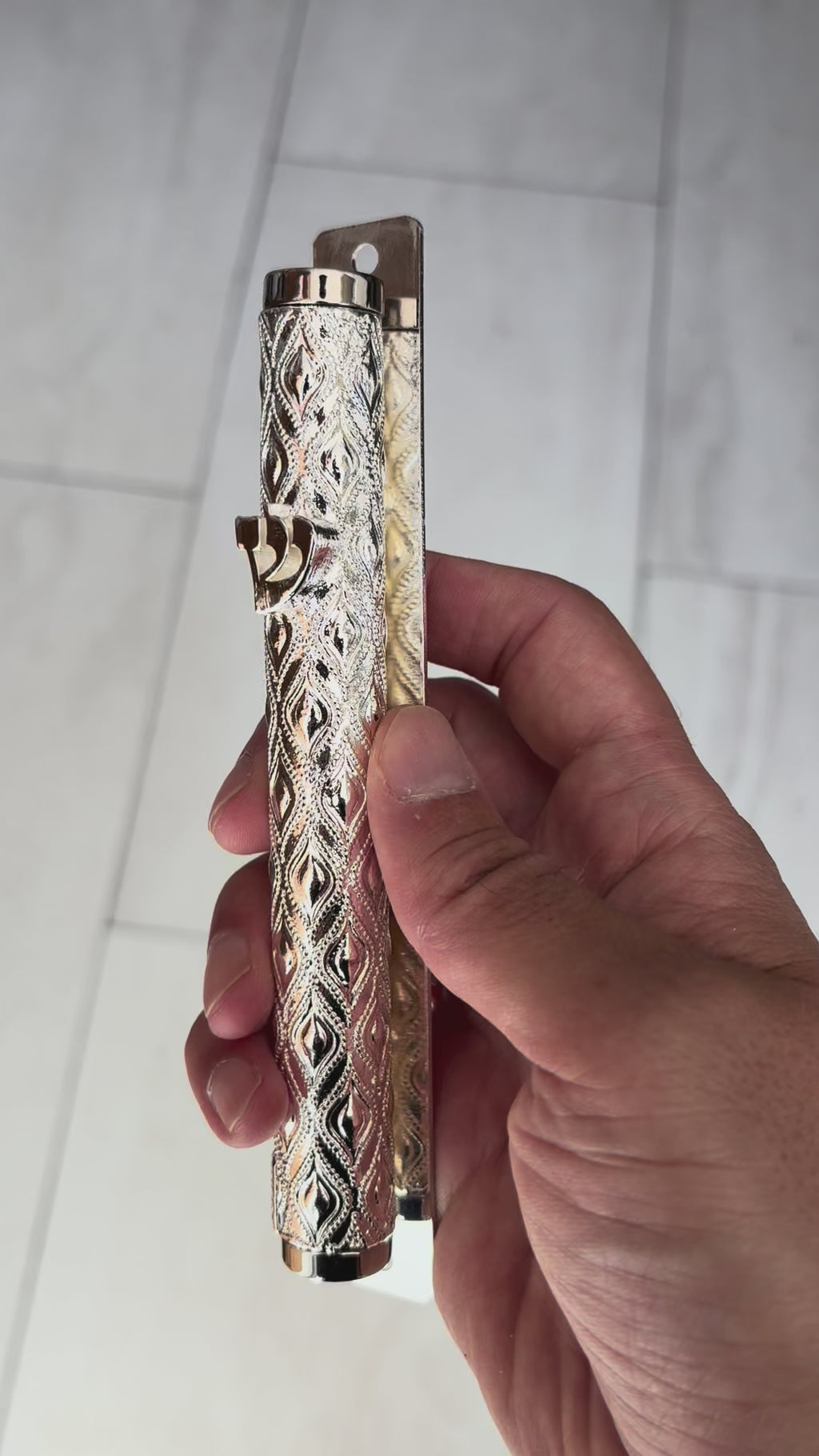 Ornate Silver Mezuzah Case with Shin Emblem