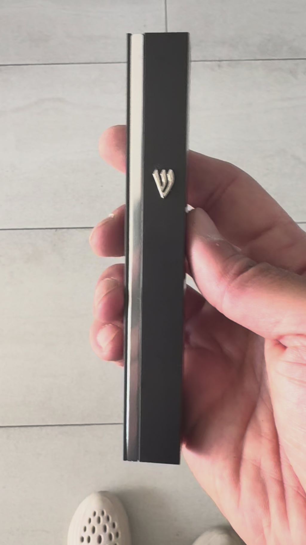 Modern Black Mezuzah Case with Silver Accent & Shin Emblem